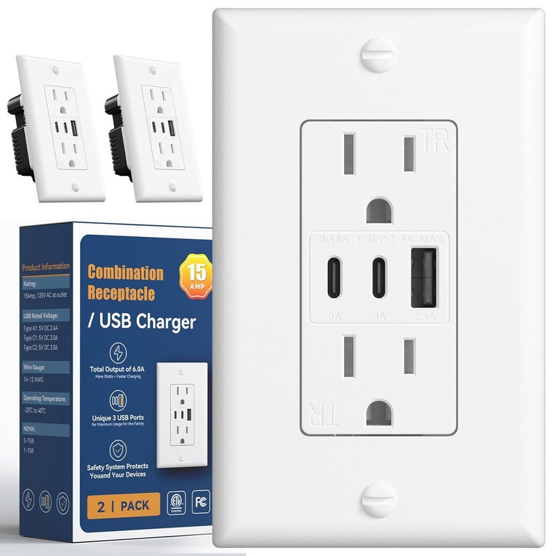 Amico 6.0A USB Outlet 2 Pack, 3-Port 30W Wall Outlets with 2 Type C & 1 Type A, 15 Amp Receptacle Plug, Tamper Resistant Receptacle, Wall Plate Included, ETL Listed, White - Image 1